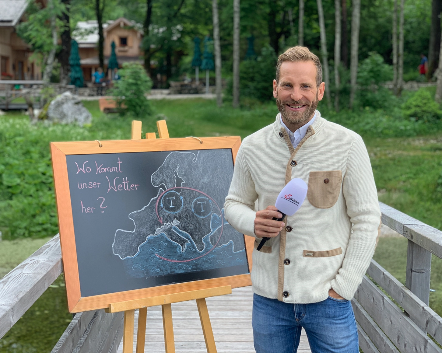 Servus Wetterredakteur Sebastian Weber steht vor einen Wald- und Wiesenkulisse mit einer Schultafel, auf der steht: "Wo kommt unser Wetter her?" Dieses befindet sich neben einer mit Kreide gezeichneten Europakarte.