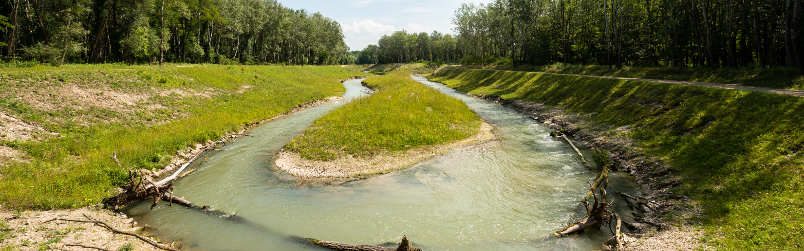 Panoramaaufnahme einer Fischwanderhilfe mit mäanderndem Verlauf in einer natürlichen Landschaft, konzipiert als ökologische Maßnahme im Kraftwerksprojekt Gratkorn zur Förderung der Durchwanderbarkeit für Fischarten.